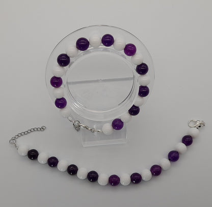 BRACELETS EN DUO DE PERLES RONDES EN PIERRES AMÉTHYSTE + ONYX BLANC - 2 TAILLES AU CHOIX - BIJOUX ARTISANAUX, UNIQUES & ORIGINAUX