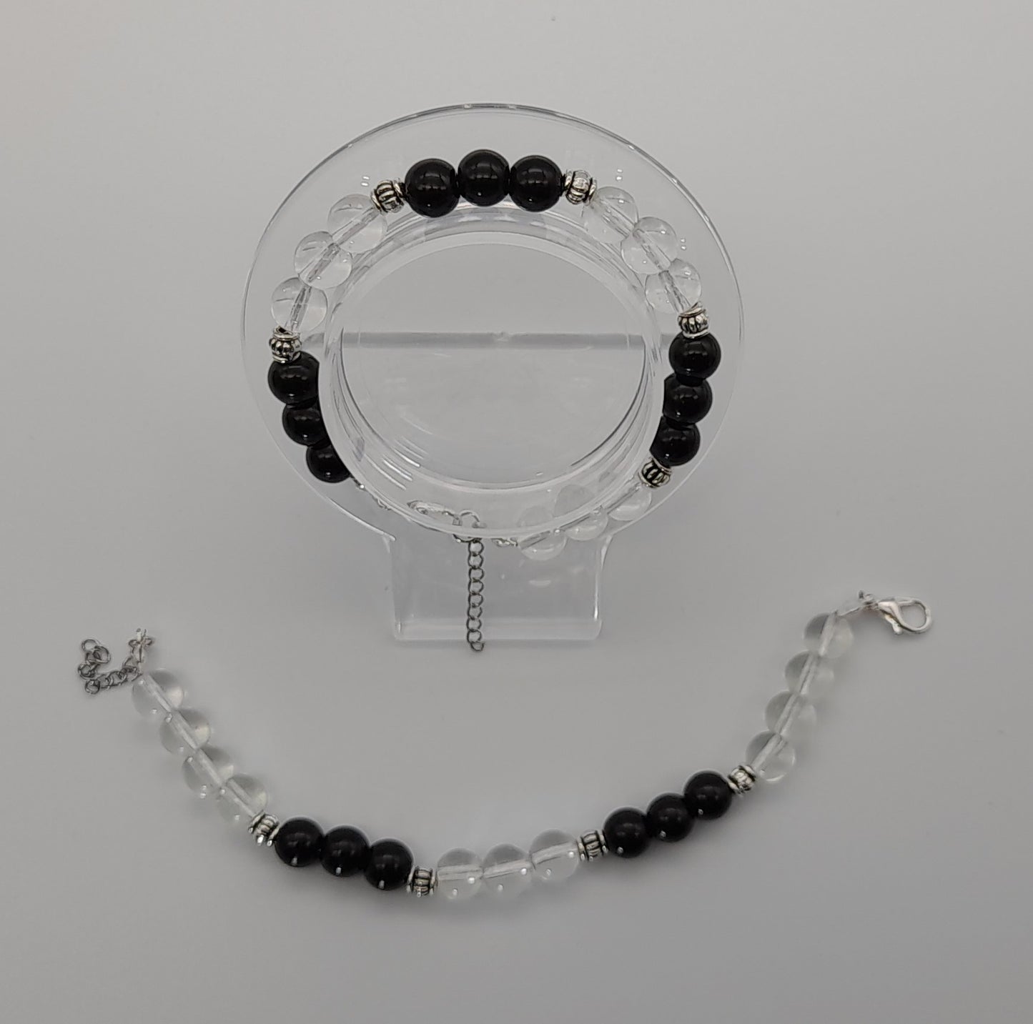 BRACELETS EN DUO DE PERLES RONDES EN PIERRES ONYX NOIR + CRISTAL DE ROCHE - 2 TAILLES AU CHOIX - BIJOUX ARTISANAUX, UNIQUES & ORIGINAUX