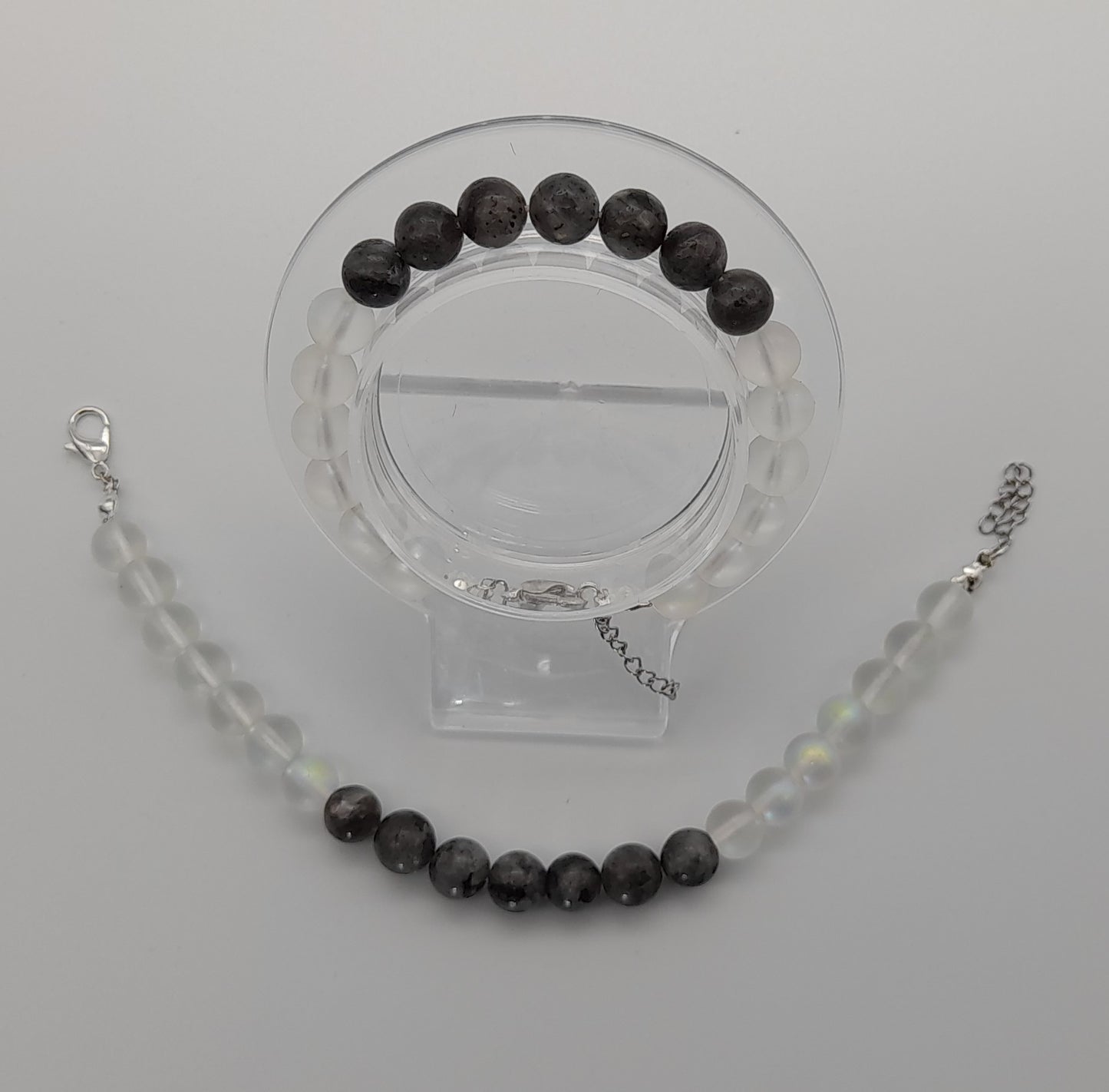 BRACELETS EN DUO DE PERLES RONDES EN PIERRES DE LUNE + LABRADORITE - 2 TAILLES AU CHOIX - BIJOUX ARTISANAUX, UNIQUES & ORIGINAUX