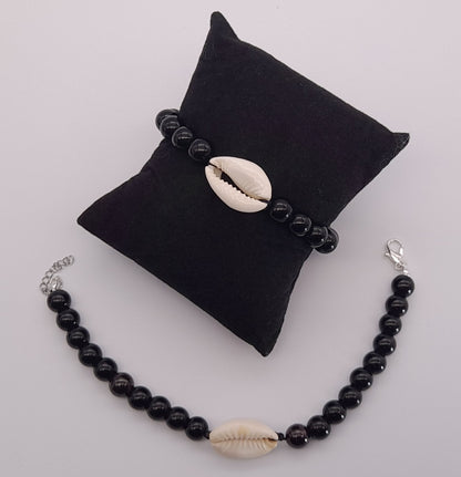 BRACELETS EN PERLES RONDES EN PIERRE ONYX NOIR + CAURI (coquillage) - 2 TAILLES AU CHOIX - BIJOUX ARTISANAUX, UNIQUES & ORIGINAUX