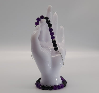 BRACELETS EN DUO DE PERLES RONDES EN PIERRES ONYX + AMETHYSTE - 2 TAILLES AU CHOIX - BIJOUX ARTISANAUX, UNIQUES & ORIGINAUX