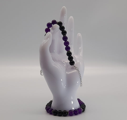 BRACELETS EN DUO DE PERLES RONDES EN PIERRES ONYX + AMETHYSTE - 2 TAILLES AU CHOIX - BIJOUX ARTISANAUX, UNIQUES & ORIGINAUX