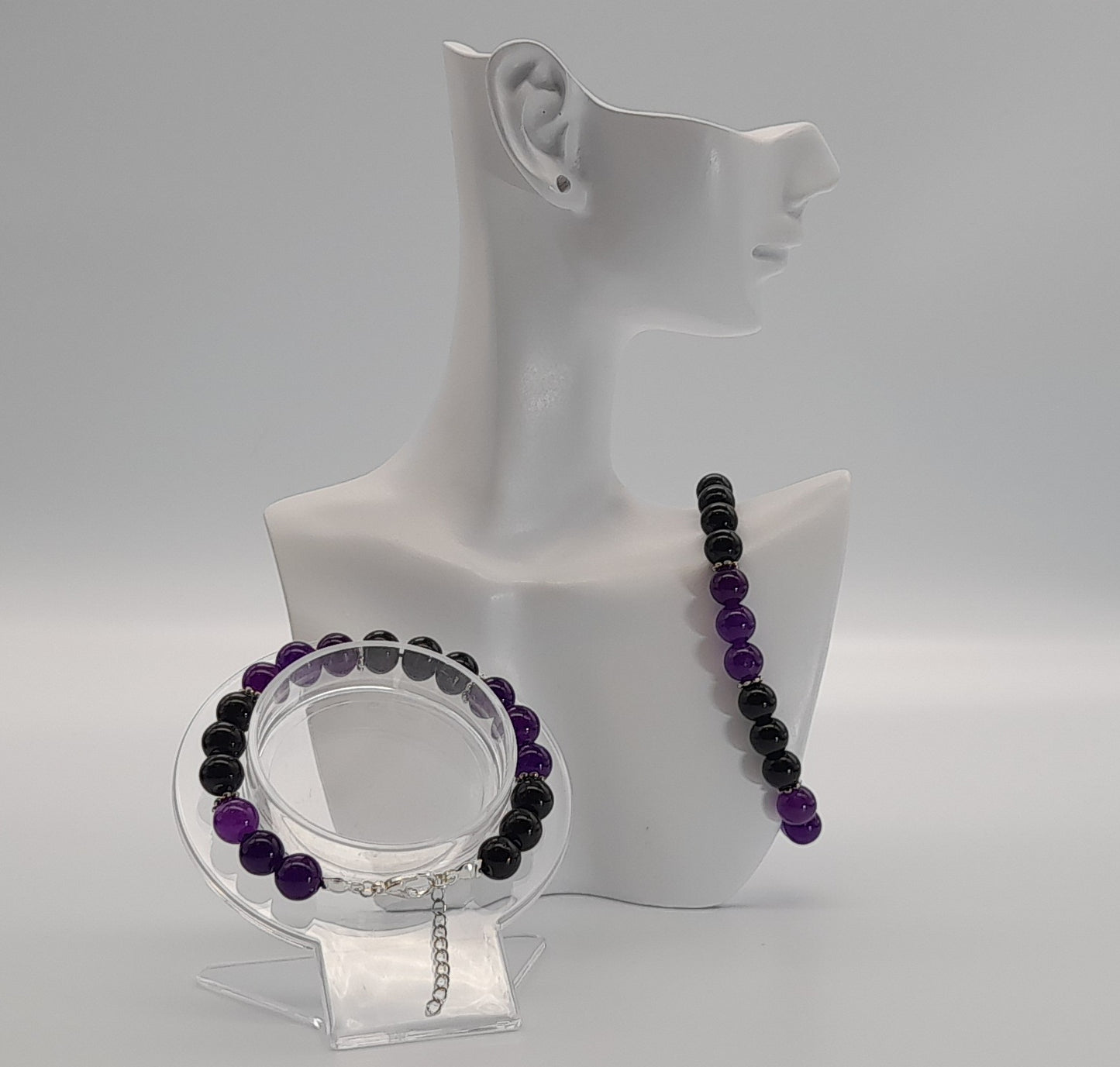 BRACELETS EN DUO DE PERLES RONDES EN PIERRES ONYX + AMETHYSTE - 2 TAILLES AU CHOIX - BIJOUX ARTISANAUX, UNIQUES & ORIGINAUX