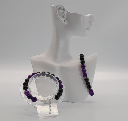 BRACELETS EN DUO DE PERLES RONDES EN PIERRES ONYX + AMETHYSTE - 2 TAILLES AU CHOIX - BIJOUX ARTISANAUX, UNIQUES & ORIGINAUX