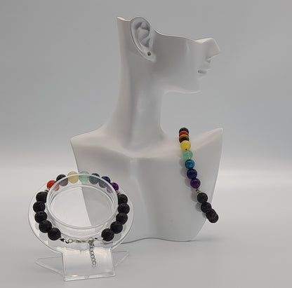 BRACELETS DE PERLES RONDES EN PIERRES DE LAVE + 7 CHAKRAS - 2 TAILLES AU CHOIX - BIJOUX ARTISANAUX, UNIQUES & ORIGINAUX