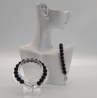 BRACELETS DE PERLES RONDES EN PIERRE OBSIDIENNE NOIRE - 2 TAILLES AU CHOIX - BIJOUX ARTISANAUX, UNIQUES & ORIGINAUX