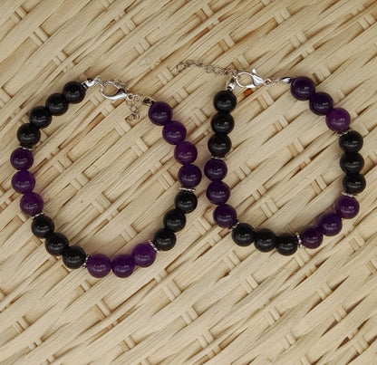 BRACELETS EN DUO DE PERLES RONDES EN PIERRES ONYX + AMETHYSTE - 2 TAILLES AU CHOIX - BIJOUX ARTISANAUX, UNIQUES & ORIGINAUX