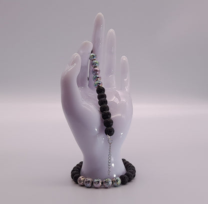 BRACELETS MULTICOLORES DE PERLES RONDES EN PIERRES DE LAVE NOIRES & IRISÉES - 2 TAILLES AU CHOIX - BIJOUX ARTISANAUX, UNIQUES & ORIGINAUX