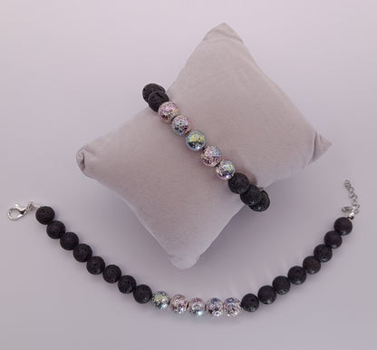 BRACELETS MULTICOLORES DE PERLES RONDES EN PIERRES DE LAVE NOIRES & IRISÉES - 2 TAILLES AU CHOIX - BIJOUX ARTISANAUX, UNIQUES & ORIGINAUX