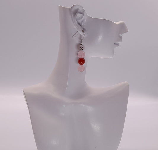 3 MODÈLES DE BOUCLES D'OREILLES EN DUO PIERRES DE QUARTZ ROSE + CORNALINE - BIJOUX ARTISANAUX, UNIQUES & ORIGINAUX