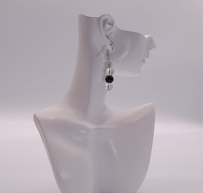 BOUCLES D'OREILLES DUO PIERRES ONYX + CRISTAL DE ROCHE - BIJOUX ARTISANAUX, UNIQUES & ORIGINAUX