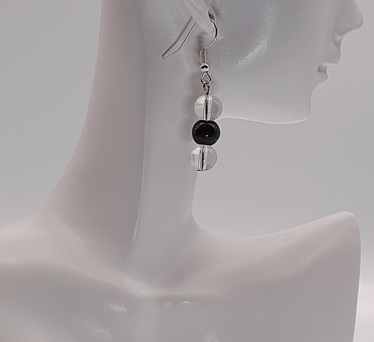 BOUCLES D'OREILLES DUO PIERRES ONYX + CRISTAL DE ROCHE - BIJOUX ARTISANAUX, UNIQUES & ORIGINAUX