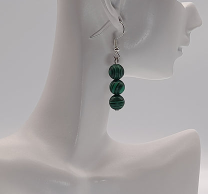 3 MODÈLES DE BOUCLES D'OREILLES PERLES RONDES EN PIERRE DE MALACHITE - BIJOUX ARTISANAUX, UNIQUES & ORIGINAUX
