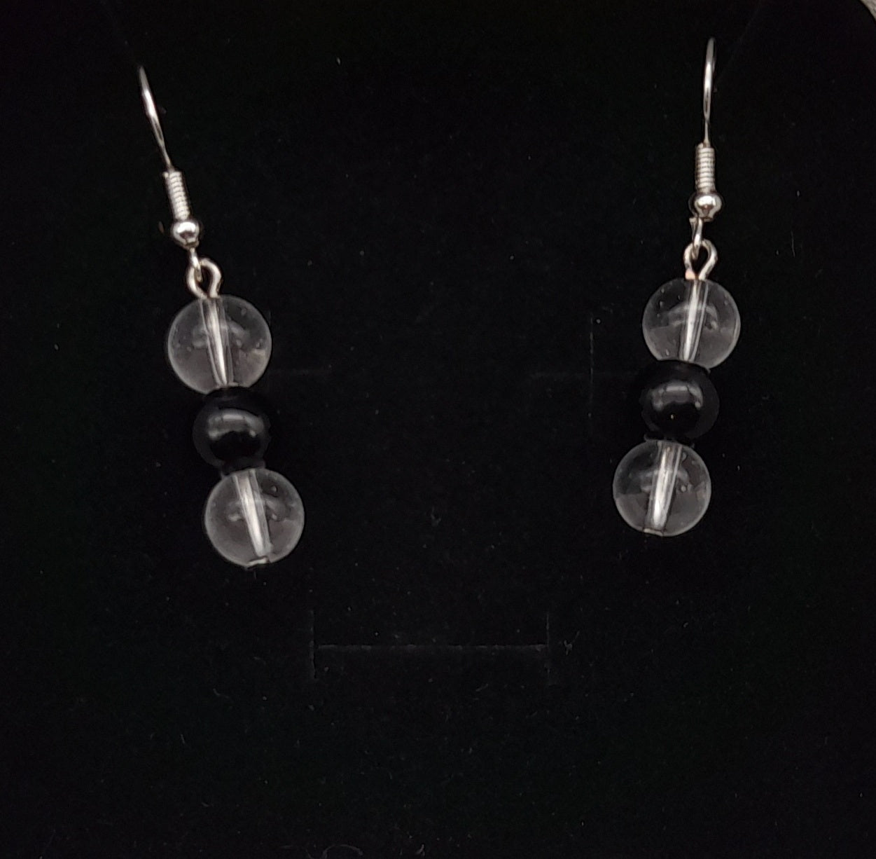 BOUCLES D'OREILLES DUO PIERRES ONYX + CRISTAL DE ROCHE - BIJOUX ARTISANAUX, UNIQUES & ORIGINAUX