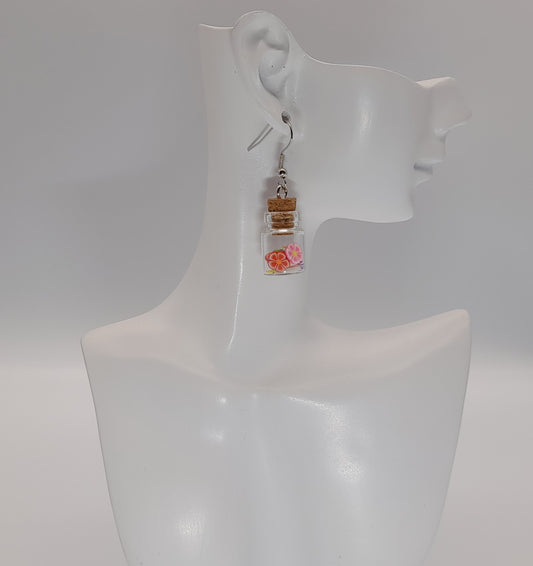GRANDES BOUCLES D'OREILLES MINI BOUTEILLES EN VERRE - 3 MODÈLES : FLEURS, PAPILLONS & FRUITS AU CHOIX - BIJOUX FANTAISIES ORIGINAUX, UNIQUES & ARTISANAUX