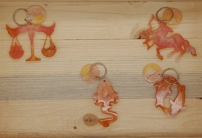 PORTES CLÉS " ROUGE ORANGÉ OR " SIGNES ASTROLOGIQUES + JETONS CONSTELLATIONS BIJOU DE SAC - ORIGINAL et ARTISANAL
