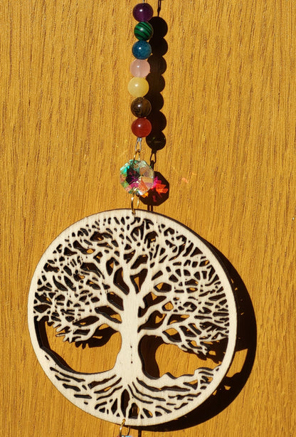 DÉCORATION SUNCATCHER 7 CHAKRAS EN PIERRES + ARBRE de VIE EN BOIS - ATTRAPE SOLEIL UNIQUE, ARTISANAL & ORIGINAL