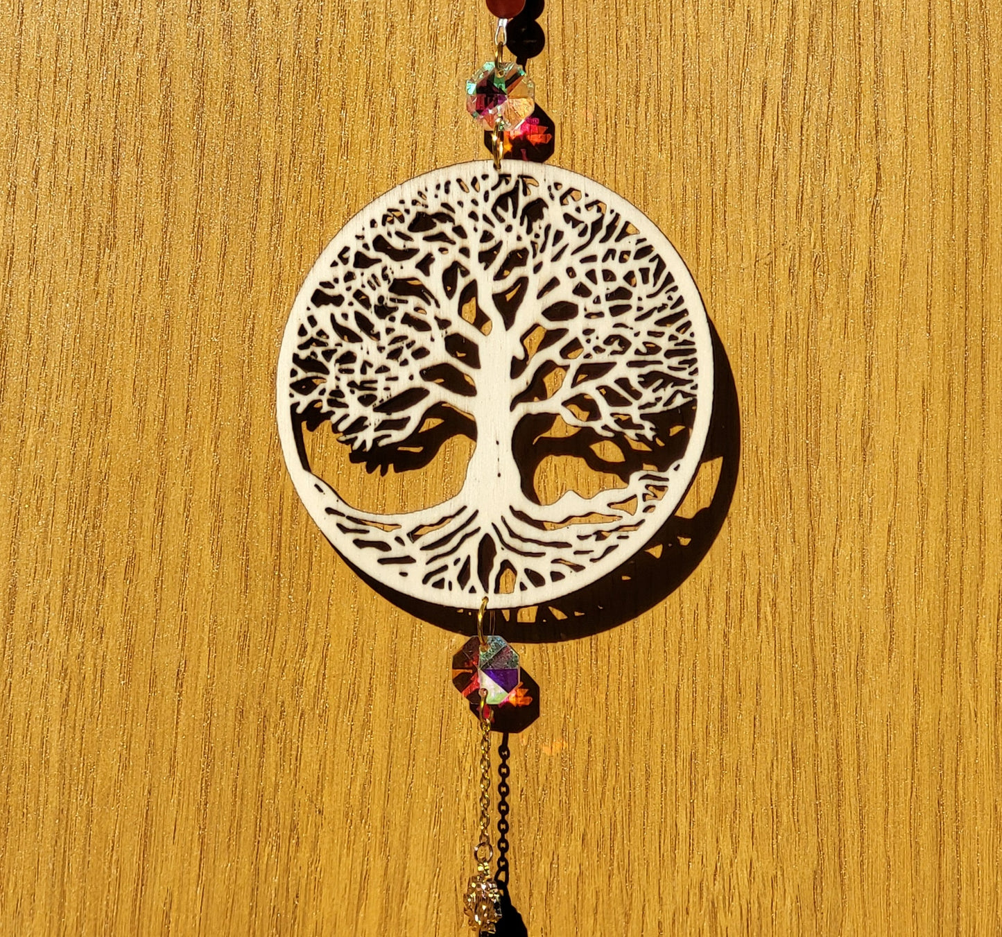 DÉCORATION SUNCATCHER 7 CHAKRAS EN PIERRES + ARBRE de VIE EN BOIS - ATTRAPE SOLEIL UNIQUE, ARTISANAL & ORIGINAL