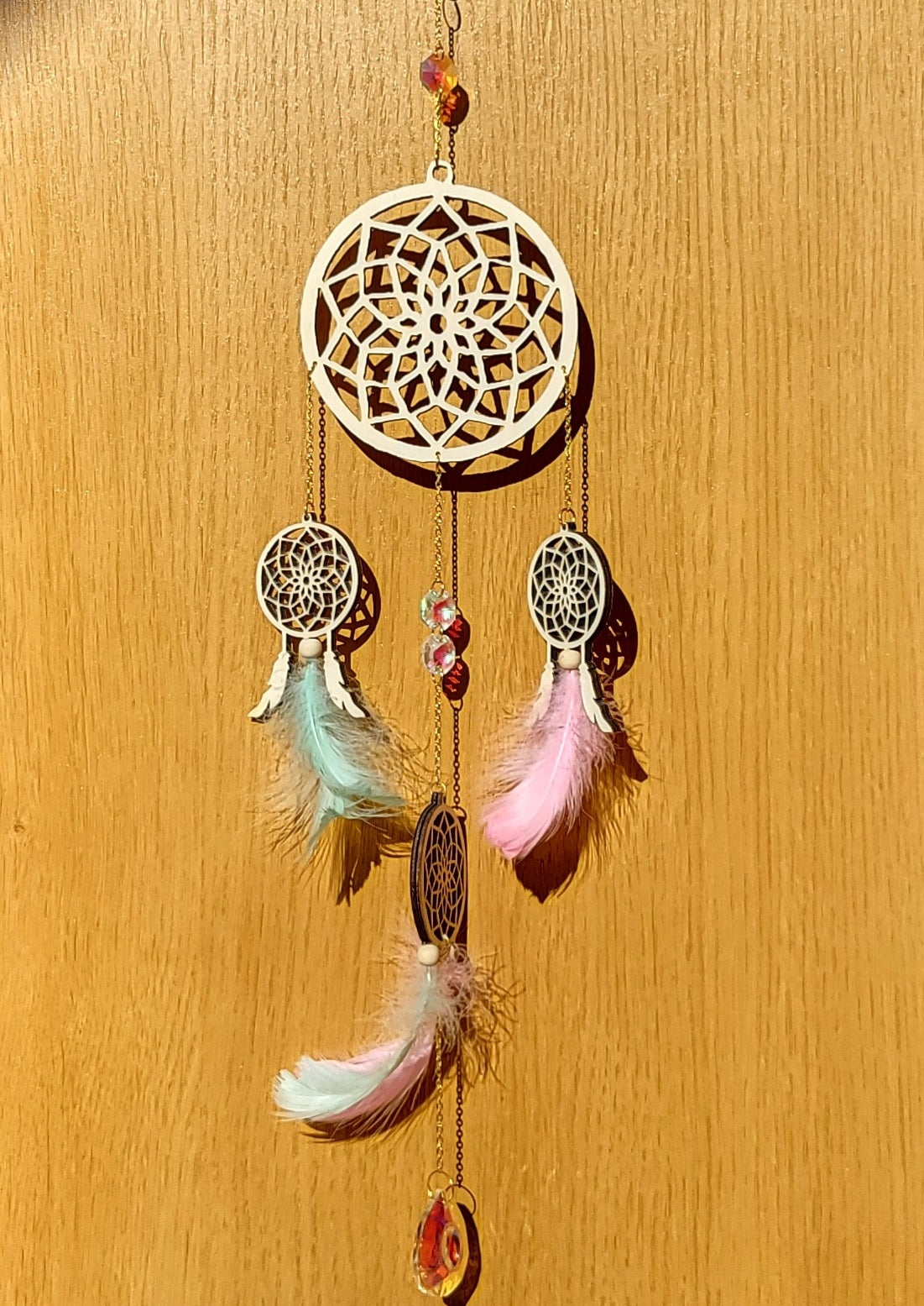 DÉCORATION " 2 EN 1 "  DREAMCATCHERS EN BOIS + SUNCATCHER TONS BLEUS ET ROSES - (ATTRAPE-RÊVES avec un ATTRAPE SOLEIL) UNIQUE, ARTISANAL & ORIGINAL