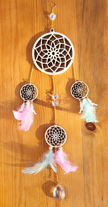 DÉCORATION " 2 EN 1 "  DREAMCATCHERS EN BOIS + SUNCATCHER TONS BLEUS ET ROSES - (ATTRAPE-RÊVES avec un ATTRAPE SOLEIL) UNIQUE, ARTISANAL & ORIGINAL