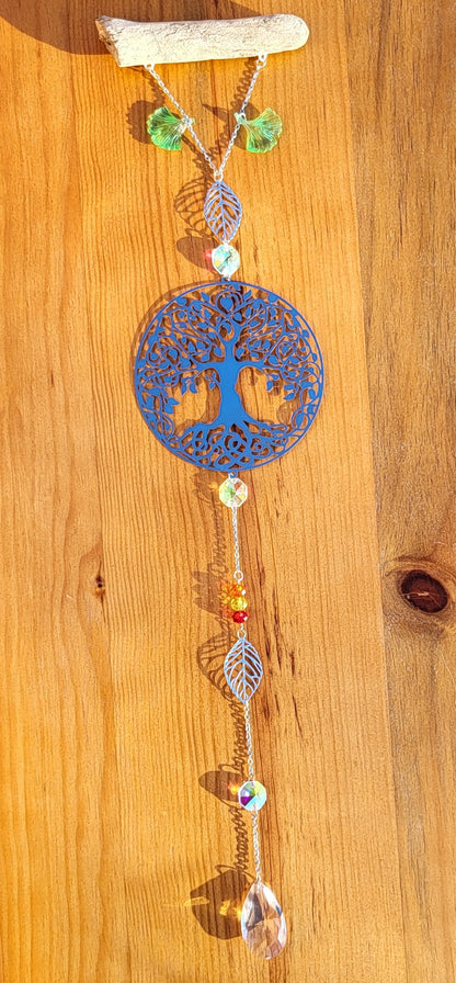 DÉCORATION SUNCATCHER EN BOIS FLOTTÉ + ARBRE DE VIE EN MÉTAL - ATTRAPE SOLEIL UNIQUE, ARTISANAL & ORIGINAL