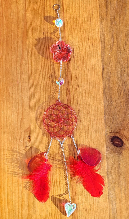 DÉCORATION " 2 EN 1 "  DREAMCATCHER + SUNCATCHER TONS ROUGES + FLEUR HIBISCUS - (ATTRAPE-RÊVES avec un ATTRAPE SOLEIL) UNIQUE, ARTISANAL & ORIGINAL