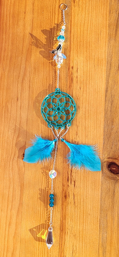 DÉCORATION " 2 EN 1 "  DREAMCATCHER + SUNCATCHER TONS BLEUS + PAPILLON - (ATTRAPE-RÊVES avec un ATTRAPE SOLEIL) UNIQUE, ARTISANAL & ORIGINAL
