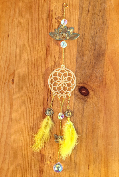 DÉCORATION " 2 EN 1 "  DREAMCATCHER + SUNCATCHER TONS DORÉS JAUNES + LOTUS + SOLEILS + PAPILLON - (ATTRAPE-RÊVES avec un ATTRAPE SOLEIL) UNIQUE, ARTISANAL & ORIGINAL