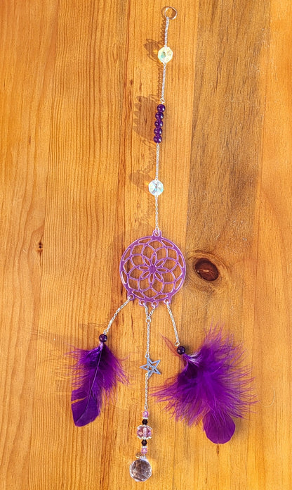 DÉCORATION " 2 EN 1 "  DREAMCATCHER + SUNCATCHER TONS VIOLETS MAUVES + ÉTOILE - (ATTRAPE-RÊVES avec un ATTRAPE SOLEIL) UNIQUE, ARTISANAL & ORIGINAL