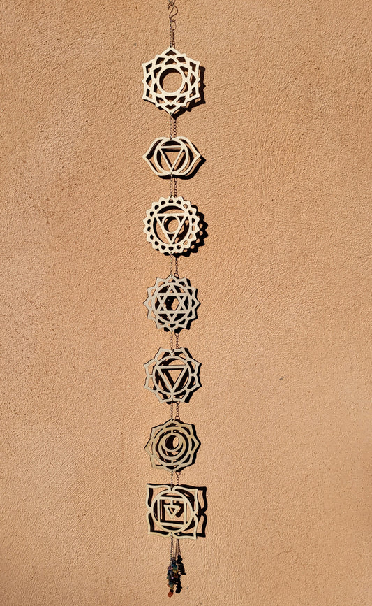 SUSPENSION MURALE 7 CHAKRAS en BOIS + PIERRES - DÉCORATION ZEN ARTISANALE, UNIQUE & ORIGINALE