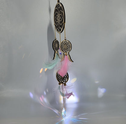 DÉCORATION " 2 EN 1 "  DREAMCATCHERS EN BOIS + SUNCATCHER TONS BLEUS ET ROSES - (ATTRAPE-RÊVES avec un ATTRAPE SOLEIL) UNIQUE, ARTISANAL & ORIGINAL