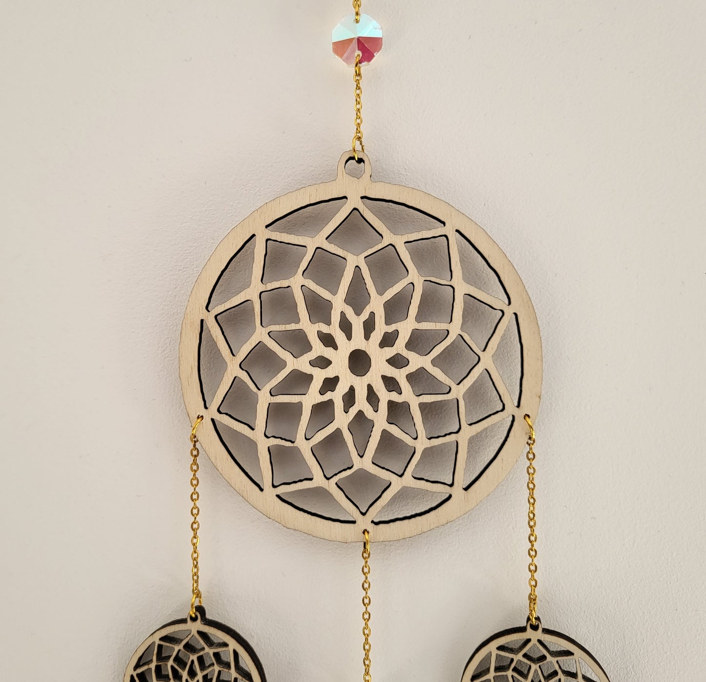 DÉCORATION " 2 EN 1 "  DREAMCATCHERS EN BOIS + SUNCATCHER TONS BLEUS ET ROSES - (ATTRAPE-RÊVES avec un ATTRAPE SOLEIL) UNIQUE, ARTISANAL & ORIGINAL