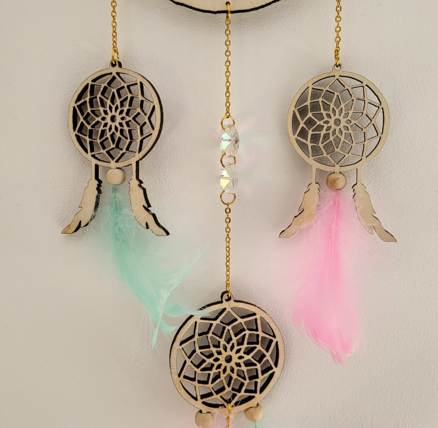 DÉCORATION " 2 EN 1 "  DREAMCATCHERS EN BOIS + SUNCATCHER TONS BLEUS ET ROSES - (ATTRAPE-RÊVES avec un ATTRAPE SOLEIL) UNIQUE, ARTISANAL & ORIGINAL