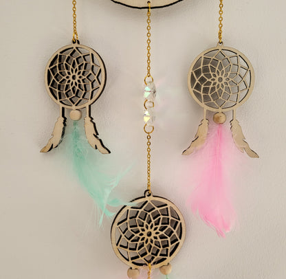 DÉCORATION " 2 EN 1 "  DREAMCATCHERS EN BOIS + SUNCATCHER TONS BLEUS ET ROSES - (ATTRAPE-RÊVES avec un ATTRAPE SOLEIL) UNIQUE, ARTISANAL & ORIGINAL