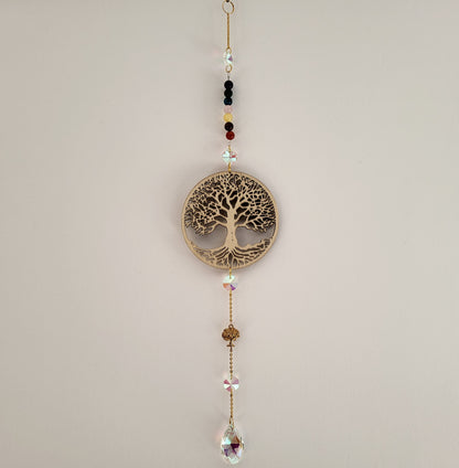 DÉCORATION SUNCATCHER 7 CHAKRAS EN PIERRES + ARBRE de VIE EN BOIS - ATTRAPE SOLEIL UNIQUE, ARTISANAL & ORIGINAL