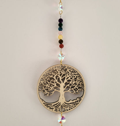 DÉCORATION SUNCATCHER 7 CHAKRAS EN PIERRES + ARBRE de VIE EN BOIS - ATTRAPE SOLEIL UNIQUE, ARTISANAL & ORIGINAL