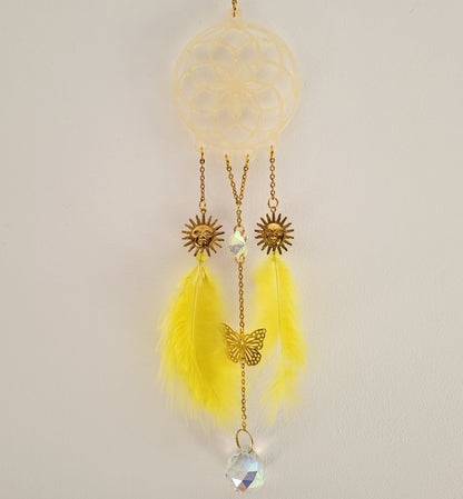 DÉCORATION " 2 EN 1 "  DREAMCATCHER + SUNCATCHER TONS DORÉS JAUNES + LOTUS + SOLEILS + PAPILLON - (ATTRAPE-RÊVES avec un ATTRAPE SOLEIL) UNIQUE, ARTISANAL & ORIGINAL