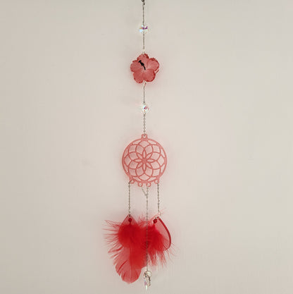 DÉCORATION " 2 EN 1 "  DREAMCATCHER + SUNCATCHER TONS ROUGES + FLEUR HIBISCUS - (ATTRAPE-RÊVES avec un ATTRAPE SOLEIL) UNIQUE, ARTISANAL & ORIGINAL