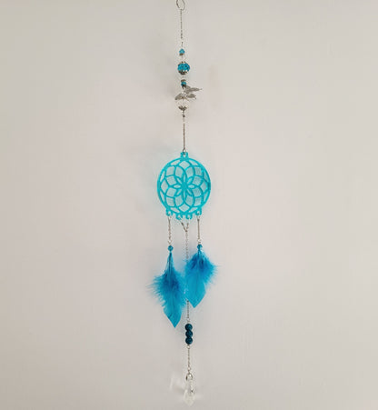 DÉCORATION " 2 EN 1 "  DREAMCATCHER + SUNCATCHER TONS BLEUS + PAPILLON - (ATTRAPE-RÊVES avec un ATTRAPE SOLEIL) UNIQUE, ARTISANAL & ORIGINAL