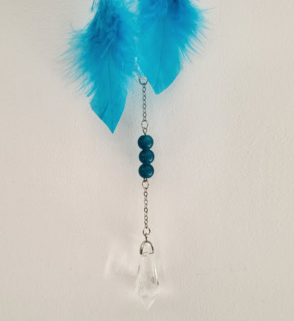 DÉCORATION " 2 EN 1 "  DREAMCATCHER + SUNCATCHER TONS BLEUS + PAPILLON - (ATTRAPE-RÊVES avec un ATTRAPE SOLEIL) UNIQUE, ARTISANAL & ORIGINAL