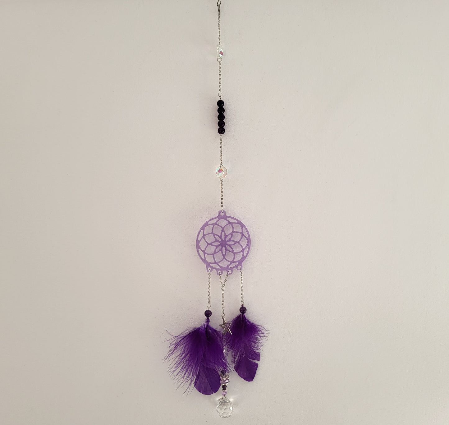 DÉCORATION " 2 EN 1 "  DREAMCATCHER + SUNCATCHER TONS VIOLETS MAUVES + ÉTOILE - (ATTRAPE-RÊVES avec un ATTRAPE SOLEIL) UNIQUE, ARTISANAL & ORIGINAL