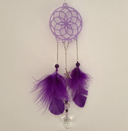 DÉCORATION " 2 EN 1 "  DREAMCATCHER + SUNCATCHER TONS VIOLETS MAUVES + ÉTOILE - (ATTRAPE-RÊVES avec un ATTRAPE SOLEIL) UNIQUE, ARTISANAL & ORIGINAL
