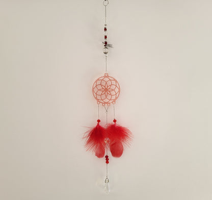 DÉCORATION " 2 EN 1 "  DREAMCATCHER + SUNCATCHER TONS ROUGES + PAPILLON - (ATTRAPE-RÊVES avec un ATTRAPE SOLEIL) UNIQUE, ARTISANAL & ORIGINAL