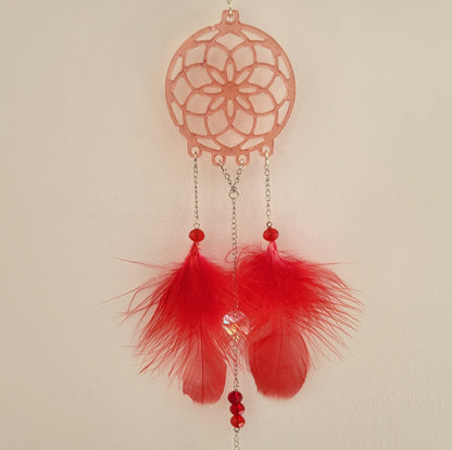 DÉCORATION " 2 EN 1 "  DREAMCATCHER + SUNCATCHER TONS ROUGES + PAPILLON - (ATTRAPE-RÊVES avec un ATTRAPE SOLEIL) UNIQUE, ARTISANAL & ORIGINAL