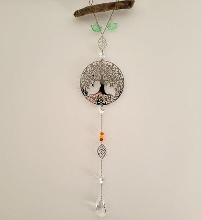DÉCORATION SUNCATCHER EN BOIS FLOTTÉ + ARBRE DE VIE EN MÉTAL - ATTRAPE SOLEIL UNIQUE, ARTISANAL & ORIGINAL