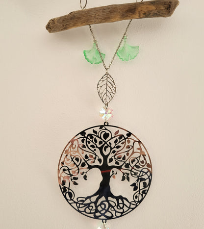 DÉCORATION SUNCATCHER EN BOIS FLOTTÉ + ARBRE DE VIE EN MÉTAL - ATTRAPE SOLEIL UNIQUE, ARTISANAL & ORIGINAL