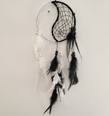 GRAND ATTRAPE-RÊVES DREAMCATCHER YIN YANG NOIR & BLANC - DÉCORATION ARTISANALE, ORIGINALE & UNIQUE
