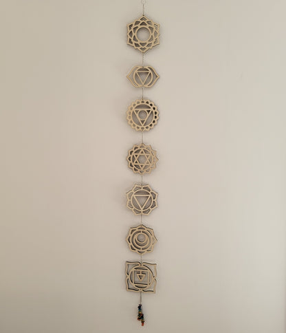 SUSPENSION MURALE 7 CHAKRAS en BOIS + PIERRES - DÉCORATION ZEN ARTISANALE, UNIQUE & ORIGINALE