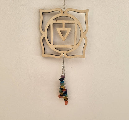 SUSPENSION MURALE 7 CHAKRAS en BOIS + PIERRES - DÉCORATION ZEN ARTISANALE, UNIQUE & ORIGINALE