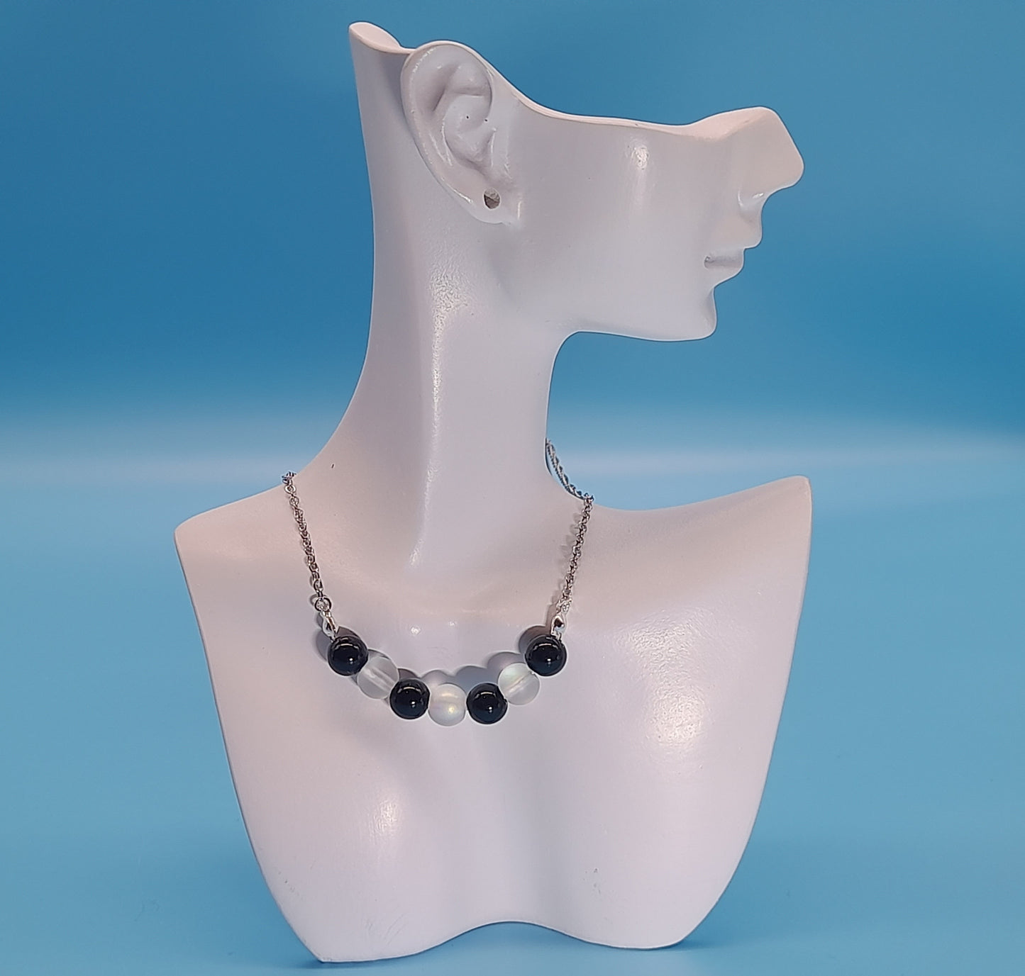 COLLIER DUO DE 7 PERLES EN PIERRES DE LUNE + ONYX NOIR  - BIJOU ARTISANAL, UNIQUE & ORIGINAL